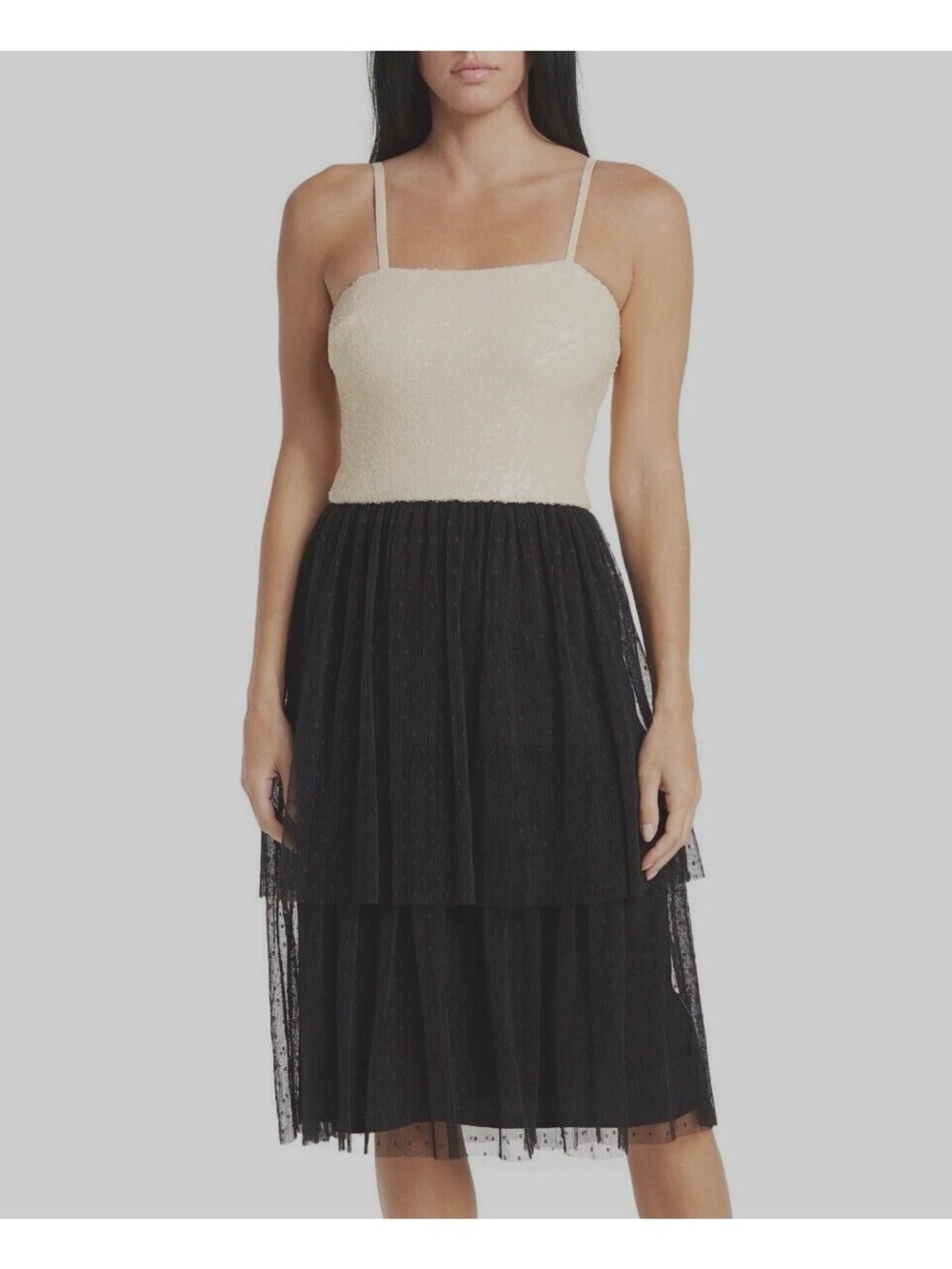 Dress the Population NWT Kady Sequin Tiered Cream Black Midi Dress Women’s XS